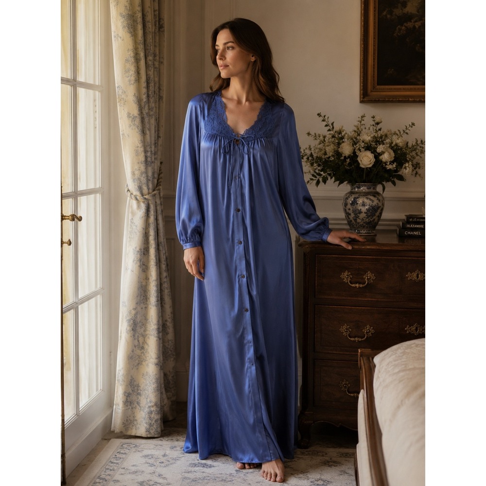 Vintage Lorraine Satin Lace Trim Nightgown Long Robe Cottagecore Old Money XL 1X